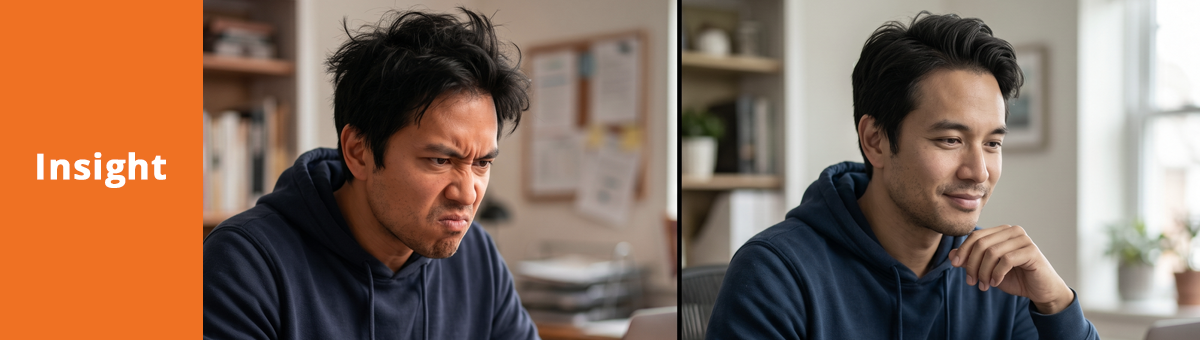 On the left, a man is staring at his laptop with frustration and anger. On the right, the same man is looking at his laptop screen, happy and relaxed.