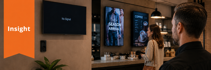 customers are looking at digital signage inside a coffee shop