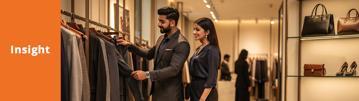 An elegant couple are browsing in a high-end clothing store.