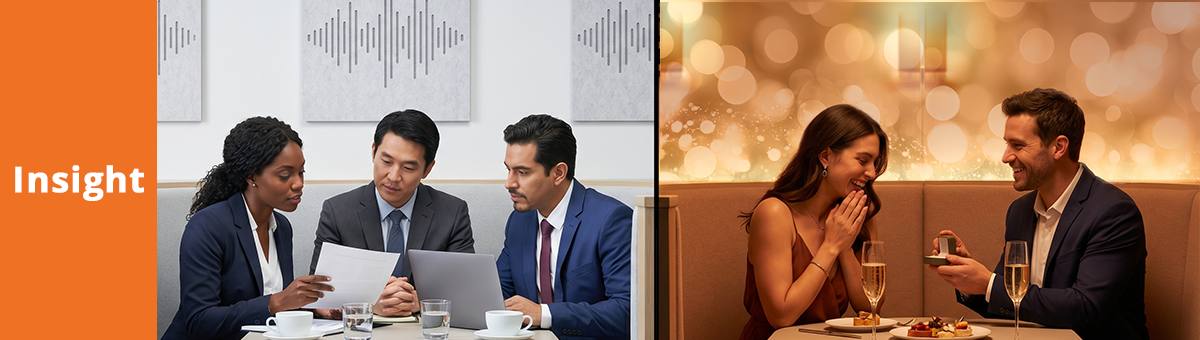 A split image with two sections - left and right. On the left, a group in professional clothing are having a business meeting in a restaurant booth. On the right, a happy couple sits in the same booth, celebrating a marriage proposal.