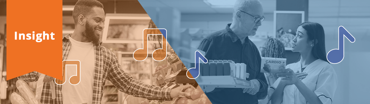 two departments of the same store are playing different music, as illustrated by an orange color overlay on the left and a blue color overlay on the right