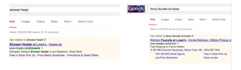 comparison of vague and specific Google Search results
