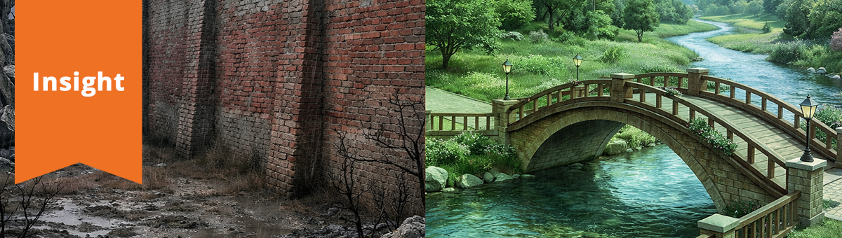 an impenetrable wall towers on the left, whilst on the right, a pleasant bridge welcomes the user to cross into a lovely nature setting.