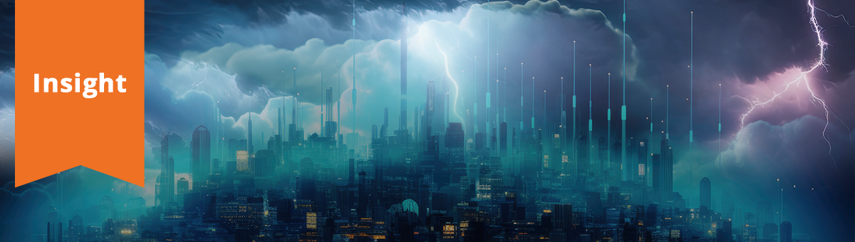 a thunderstorm rages over a digital city.